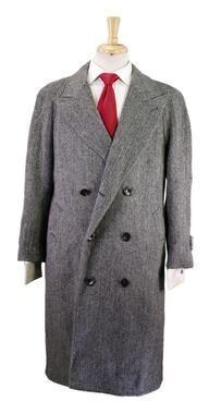 Harris Tweed Gray Black Herringbone Doube Breated Peak Lapel Overcoat Medium